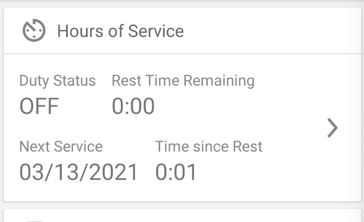 Hours of service screenshot from the mobile application.
